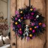 Halloween Front Door Wreath, Artificial Floral Wreath with Black Purpler Leaves Hanging Decoration for Front Door Entryway Wall