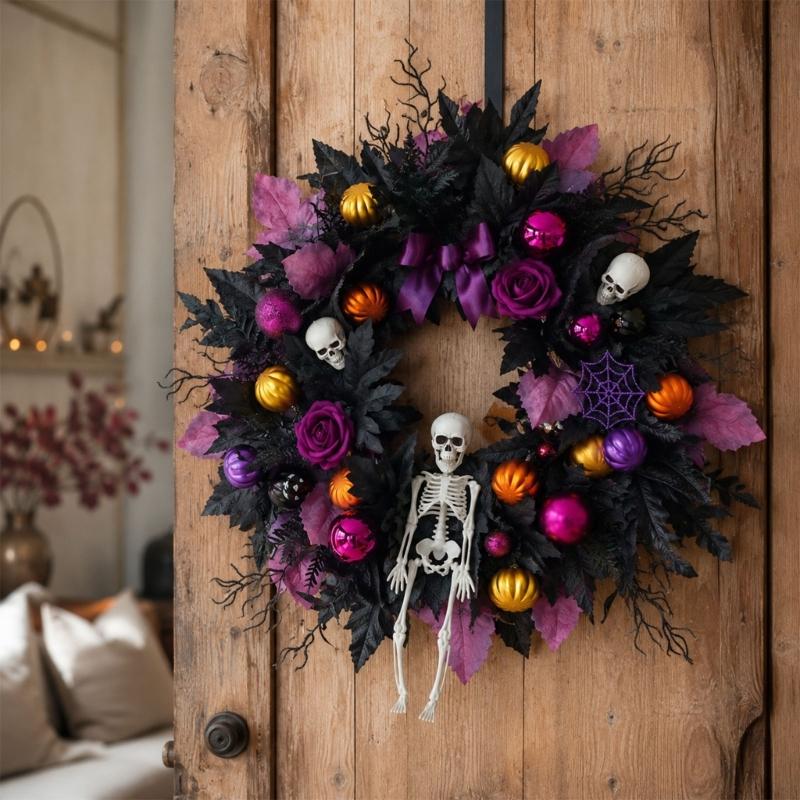 Halloween Front Door Wreath, Artificial Floral Wreath with Black Purpler Leaves Hanging Decoration for Front Door Entryway Wall