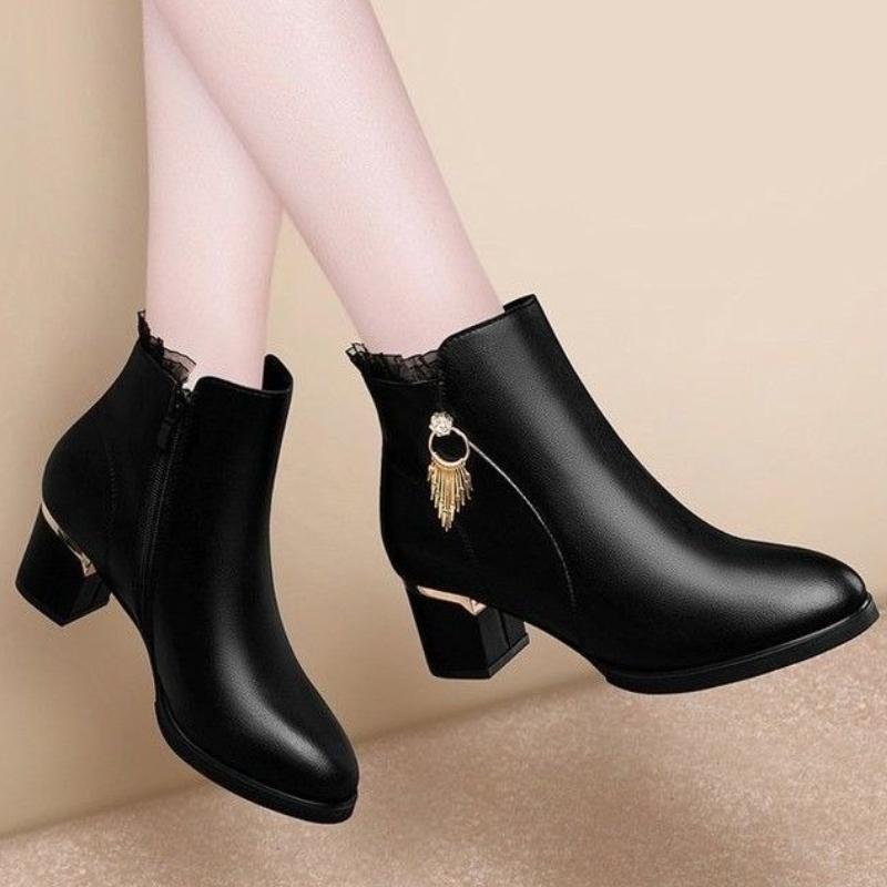 Autumn Winter Black Booties Elegant With Medium Heels Women'S Ankle Boots Leather Warm Female Short Shoes Comfortable Boot Sale