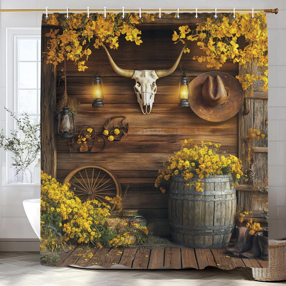 Flower Scenery Of Rural Farmhouse Shower Curtain, Bathroom Decorative Shower Curtain, Home Decorative Curtain With Hooks