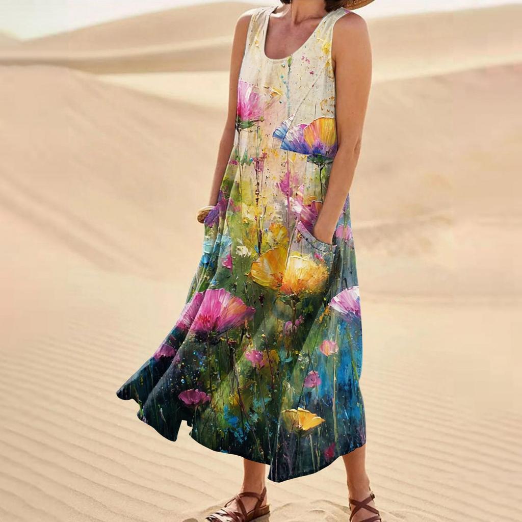 Women's Casual Fashion Flower Printed Sleeveless Pocket Dress