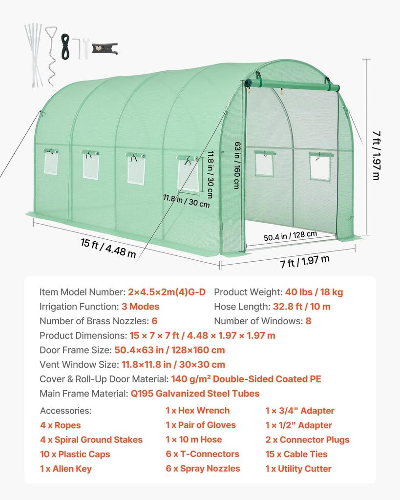 Walk-in Tunnel Greenhouse, 4.48x1.97x1.97 M Hoop House Greenhouse Tunnel with Watering System, Plant Hot House with Steel Frame, PE Cover, Roll-Up