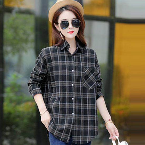 Women's 2025 Autumn/Winter Fleece-Lined Plaid Shirt: Thick, Slimming, Long-Sleeve Cotton Shirt