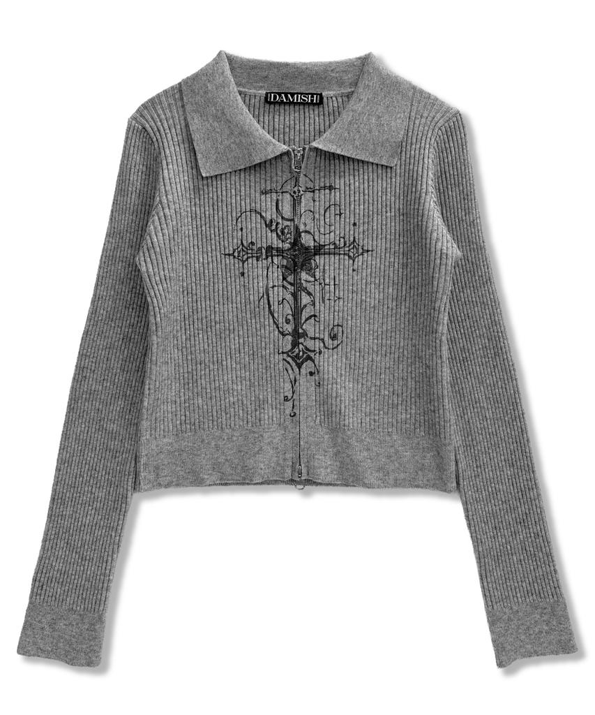 Damiswi Cross Print Ribbed Knit Zip-Up_Gray