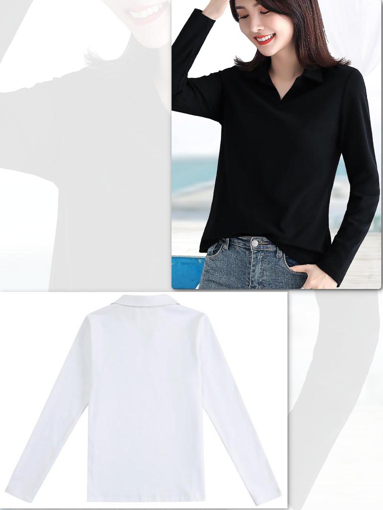 Long Sleeve Polo No Polo Layered White [Bubu Ohana] T-Shirt, Plain, Collared, V-Neck, Buttons, Shirt, Stretch, Stretchy, Women's T-Shirt, Spring,