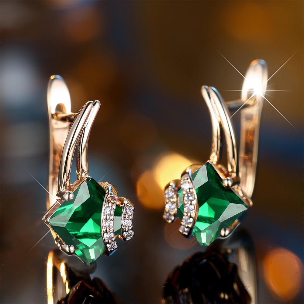 Cute Green Crystal Square Stone Geometric Hoop Earrings For Women Vintage Gold Color Ear Buckle Wedding Jewelry Engagement Gifts