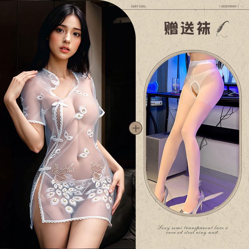 Embroidery embroidery erotic underwear sexy perspective temptation pure desire pajama set Republic of China cheongsam set
