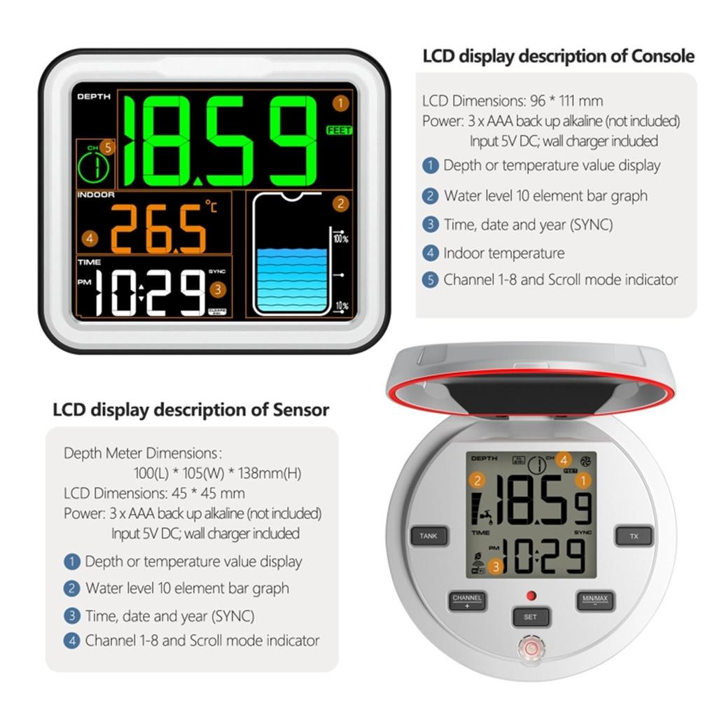 8-in-1 Wireless Smart Solar-Powered Ultrasonic Water Level Monitor with Alarm 150m Remote Monitoring Tank Level Monitor
