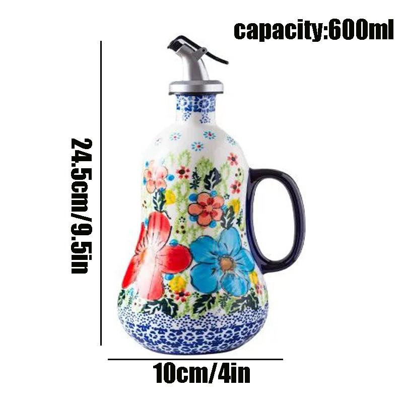 Vintage Floral Ceramic Oil Bottle 600ml, Hand Painted Polish Style Vinegar Dispenser with Handle, Kitchen Decor Cruet
