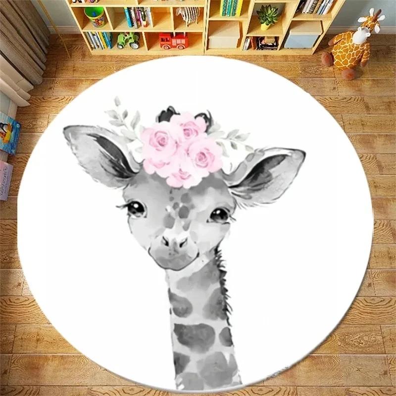 Cute Lion Elephant Giraffe Round Carpet Pattern Floor Mat Bedroom Living Room Chair Floor Rugs Home Bathroom Carpet Decoration