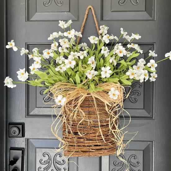 Cesto Appendiporta Ghirlanda Primavera Estate Fiori Artificiali in Cesto di Vimini per Porta d'Ingresso Rustico Cesto Appendibile in Rattan Ghirlanda per Casa Portico Ingresso