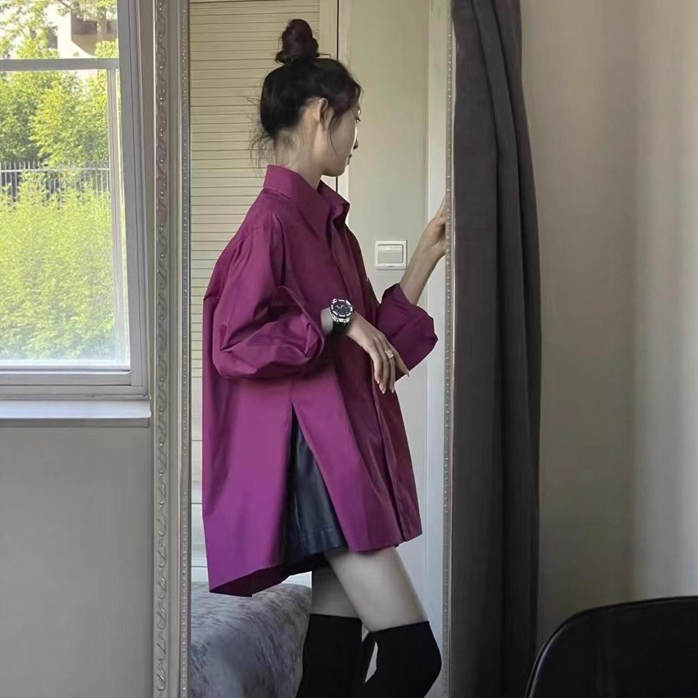 Women Luxury Fuchsia Button‑Up Shirt, Turn‑Down Collar Long‑Sleeve Loose Unique Design Casual Sun‑Protection Fashion Outerwear Blouse