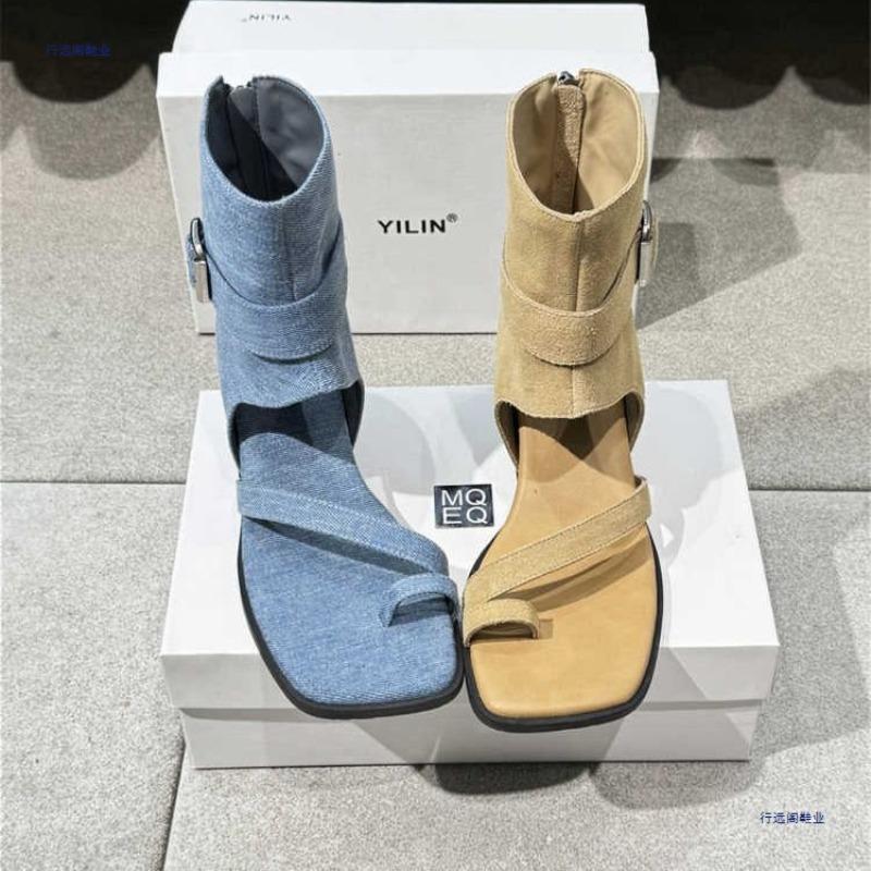 Summer new retro square head cover, toe wedge heel, high-top boots, summer women's sandals, casual wear outside
