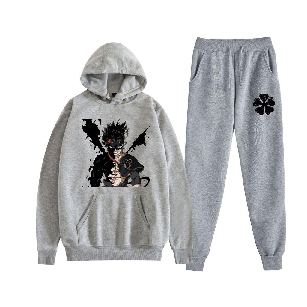 Europe, America, Autumn and Winter Black Four-leaf Clover Peripheral Two-dimensional Men's and Women's Leisure Sports Fleece Hooded Sweater Set 