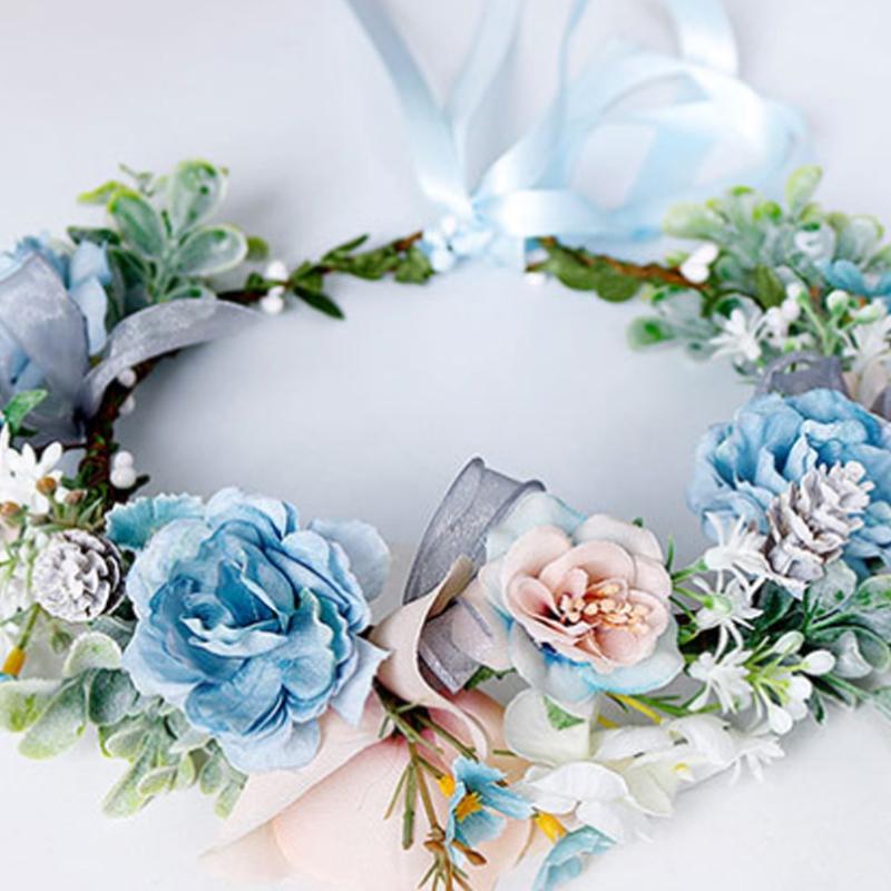 Blue Flower Hair Wreath Headband Crown Garland with Adjustable Ribbon Festivals Wedding Party Headpiece for Women Girl