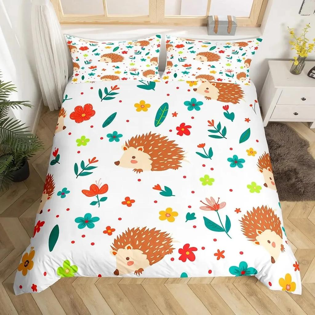 Cartoon Igel Bettbezug Queen Aquarell Batik Boho Bettwäsche-Set, Wildtiere Blumen Bettdeckenbezug Floraler Quiltbezug