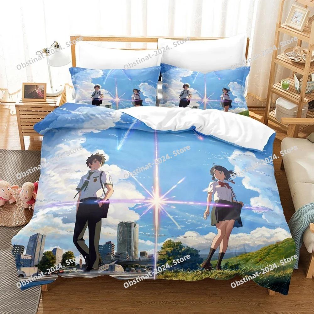 Il tuo Nome Set di Biancheria da Letto di Lusso Anime Cartone Animato Giapponese Set Copripiumino Piumone Copriletto Lino Misura Singola/Twin Stampato Tessile per la Casa