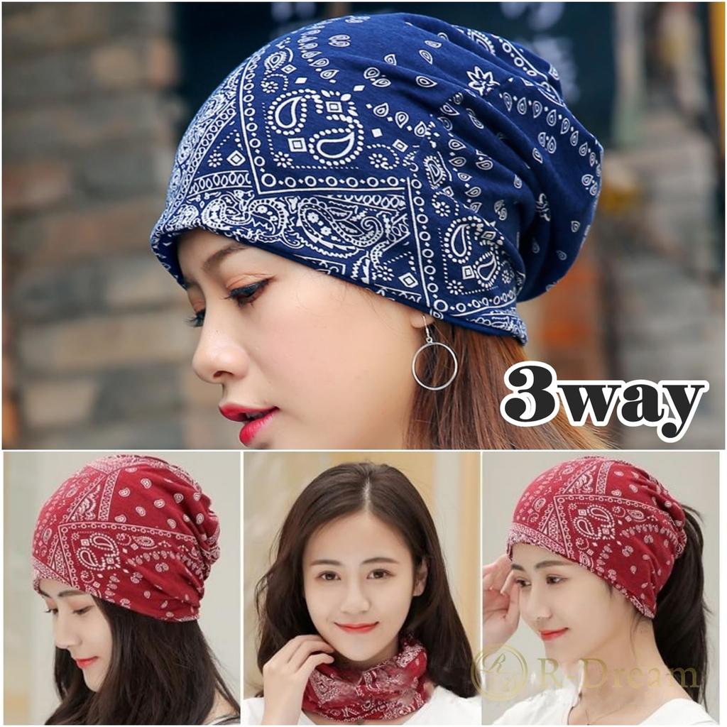 Paisley Print Hair Sun Cancer Openwork for Women Black 1 R-Dream Cap, Turban, Protection, Care, Chemotherapy, Thin, Breathable, Knit, (1 + Navy)