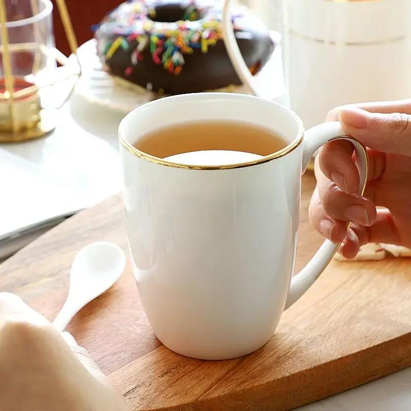 Pure White Brief Ceramic Mug, Bone China, Household Office Coffee Milk Cup with Gold Rim Mark, Drinkware Gift, Porcelain