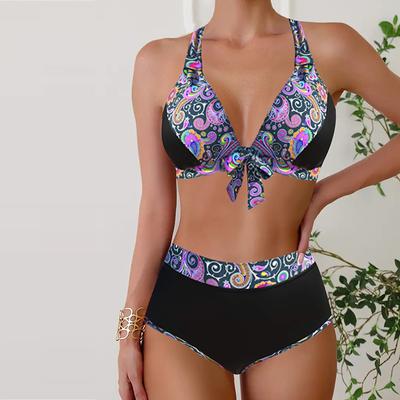 Women's Shoulder Strap Swimsuit Purple Lace Pattern Print Bikini Tankini Swimsuit Hanging Neck Swimsuit