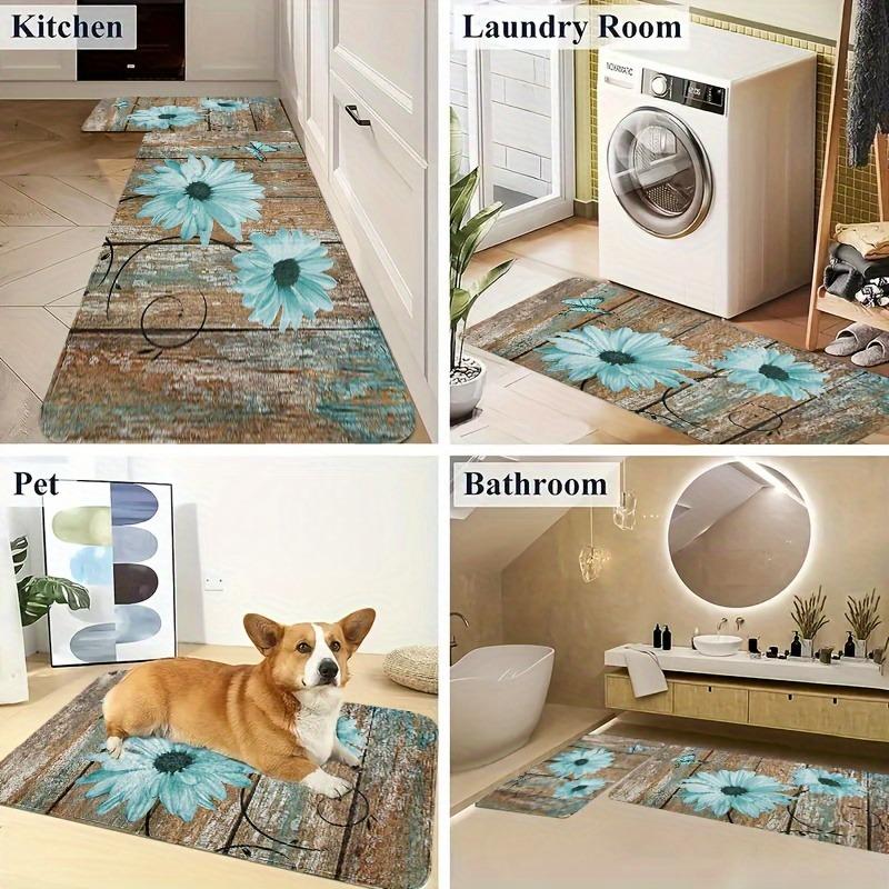 1PC Yellow Floral Pattern Kitchen Rug Non-Slip Door Mat Pop Design Bathroom Rug Bath Mat Carpet for Home Sink Laundry Decor