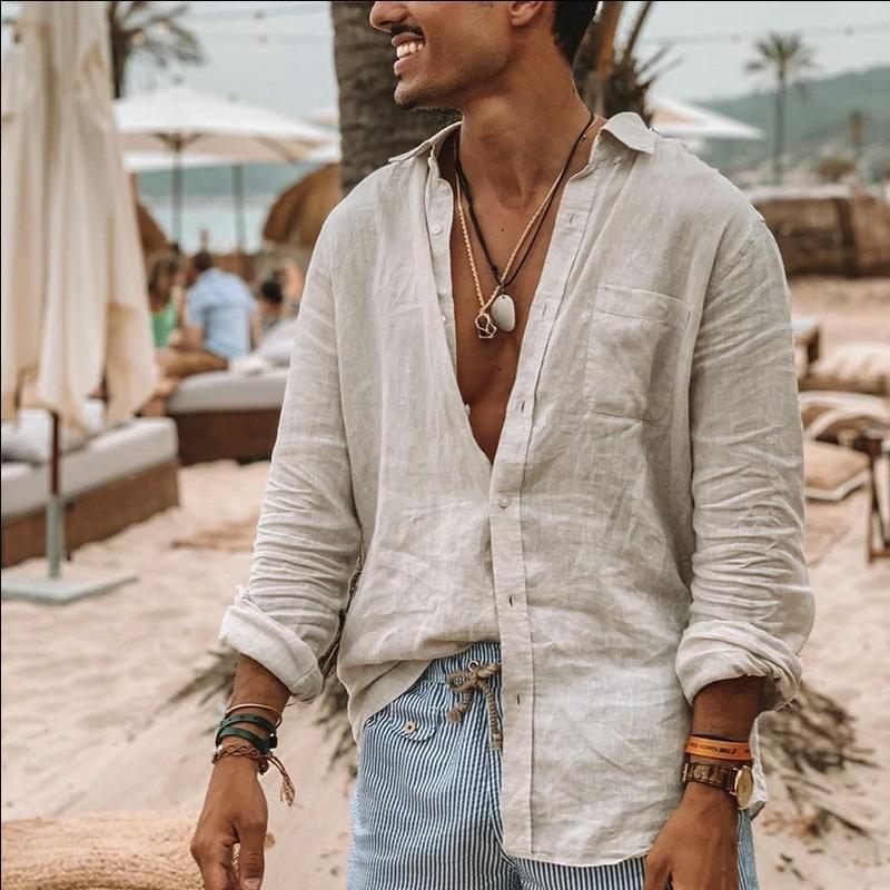 Mens Solid Color Loose Casual Long Sleeve Beach Shirt