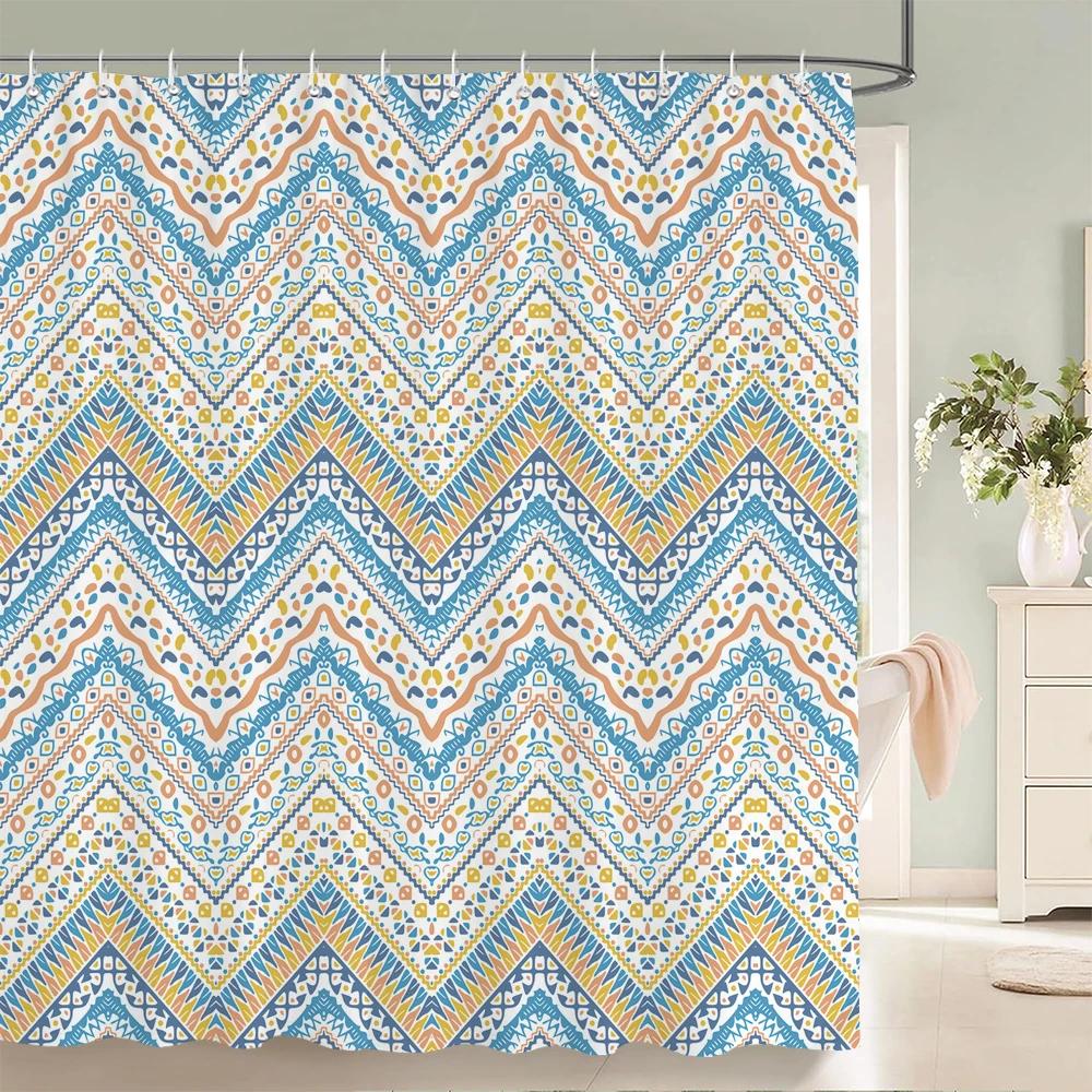 Simple Geometric Pattern Fabric Shower Curtain Bathroom Curtains  Stripes Mosaic Bath Screen Waterproof Polyester with 12 Hooks