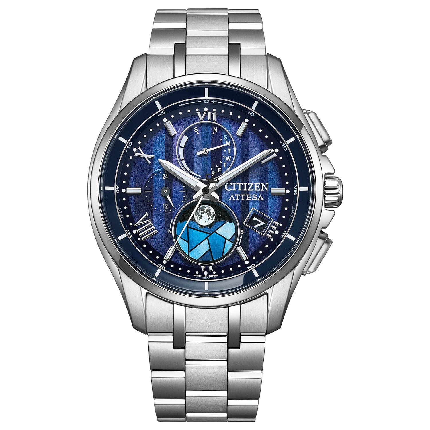 

CITIZEN ATTESA Limited Edition DEAR Collection Lightweight Moon Sapphire Date Solar Gift Radio-Controlled Watch, Titanium, Waterproof, Phase, синій