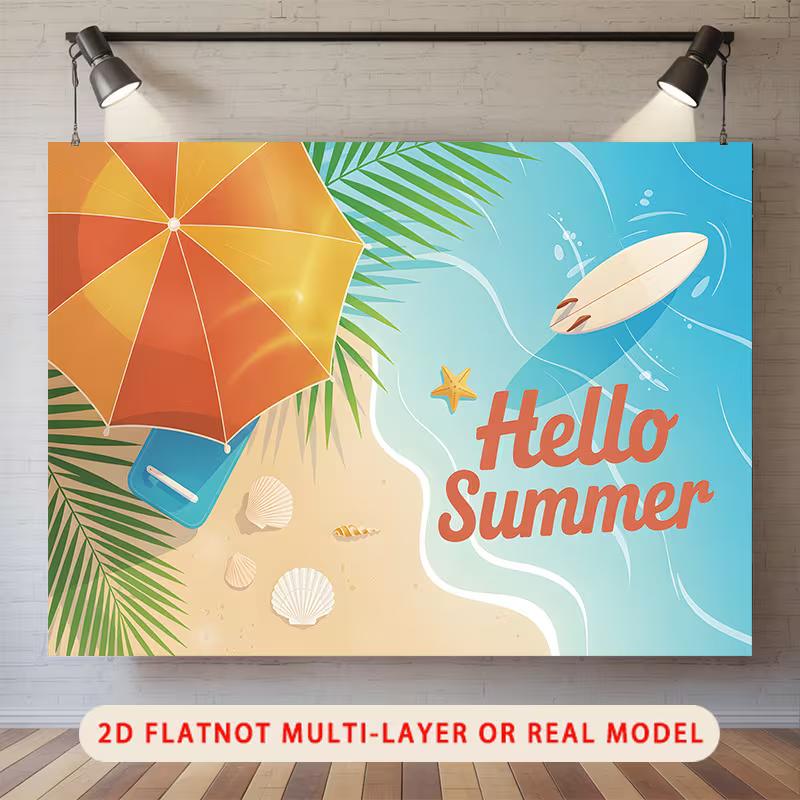 2D Hello Summer Beach Scene Backdrop Surfboard Party Photo Booth Background