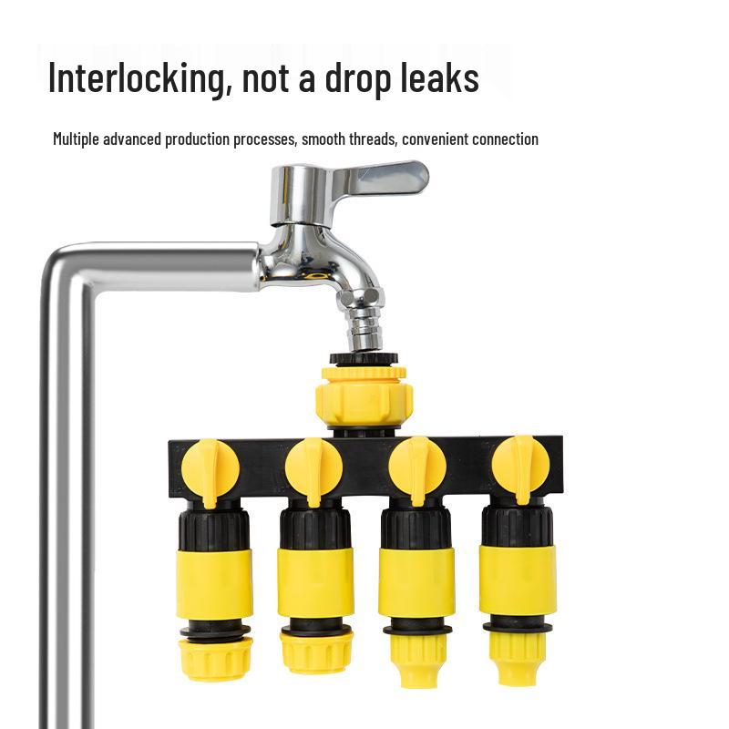 Four-Way Faucet Diverter: Quick-Connect Valve with One Inlet and Four Outlets.