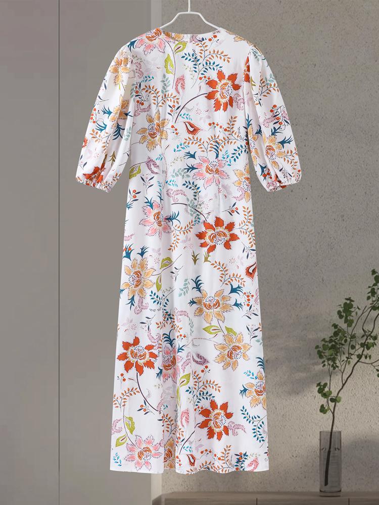 Vintage Blumendruck Lange Lose O-Ausschnitt Laterne Ärmel Weibliche Kleider Hohe Taille Sommer Dame Robe