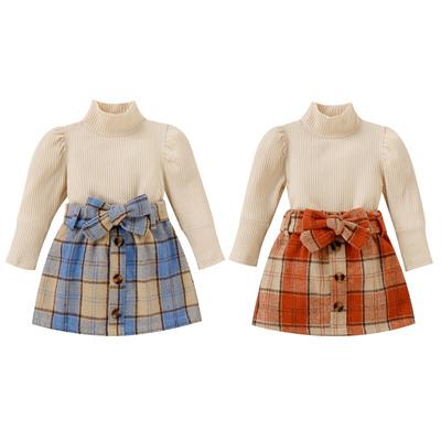 Tenue 2 pièces pour filles de moins de 4 ans, haut à col roulé et jupe à carreaux de couleur unie