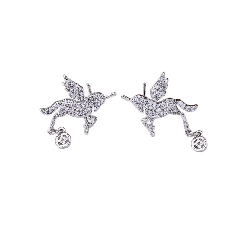 New Simple Micro-inlaid Zircon Unicorn Coin Pendant Earrings 911 Silver Needle Exquisite High-end Stud Earrings Women
