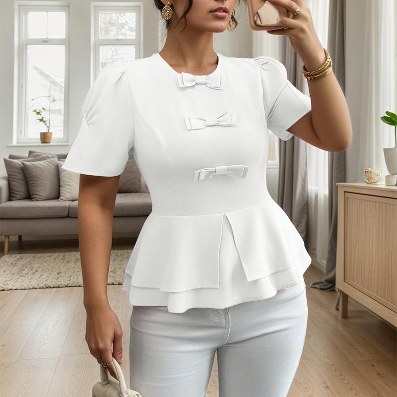 

ZANZEA Женская повседневная блузка с круглым вырезом, бантами и вставками, летняя, с коротким рукавом L белый