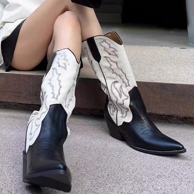 Yi Mengling's Same Western Cowboy Boots Women's Thick Heel Embroidery Thin Medium Tube Boots Versatile Color Matching Pointed Knight Boots Tide