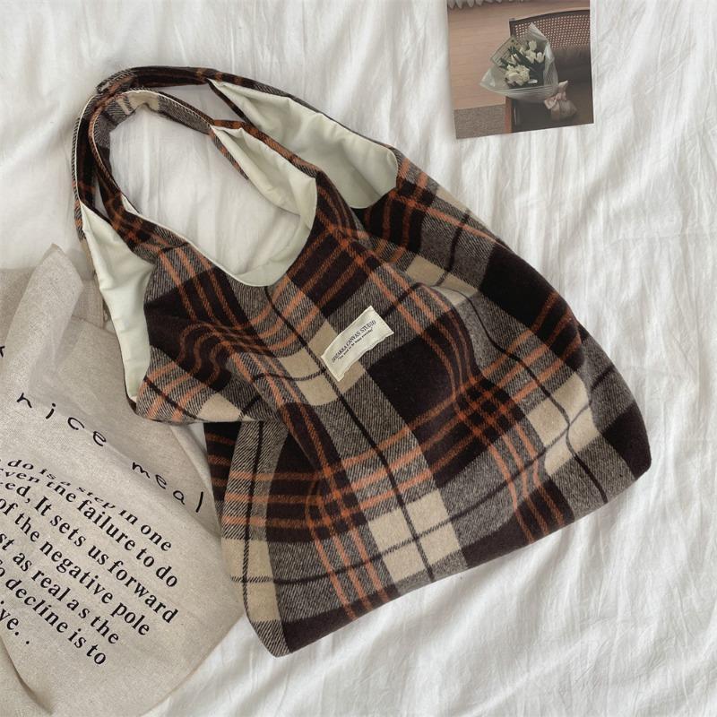 2 Autumn and Winter College Woolen Plaid Shoulder Bag Large-capacity Vest Bag Student School Bag