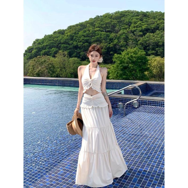 Kumikumi Pure Desire Set Kinky Hanging Neck Cami Women Summer Drape Skirt Big Swing Skirt Two-piece Set