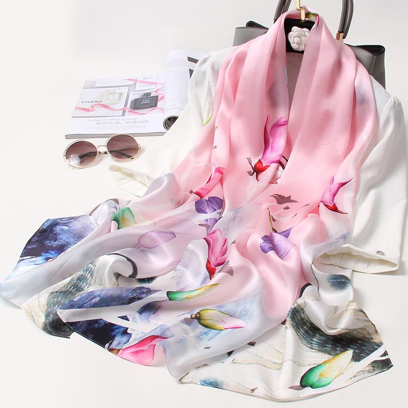 

100% Pure Silk Scarf Women Luxury Echarpe Femme Foulard Spring Print Silk Satin Long Scarf Bufanda Fahsion Sjaal Shawl Headscarf 170x53cm