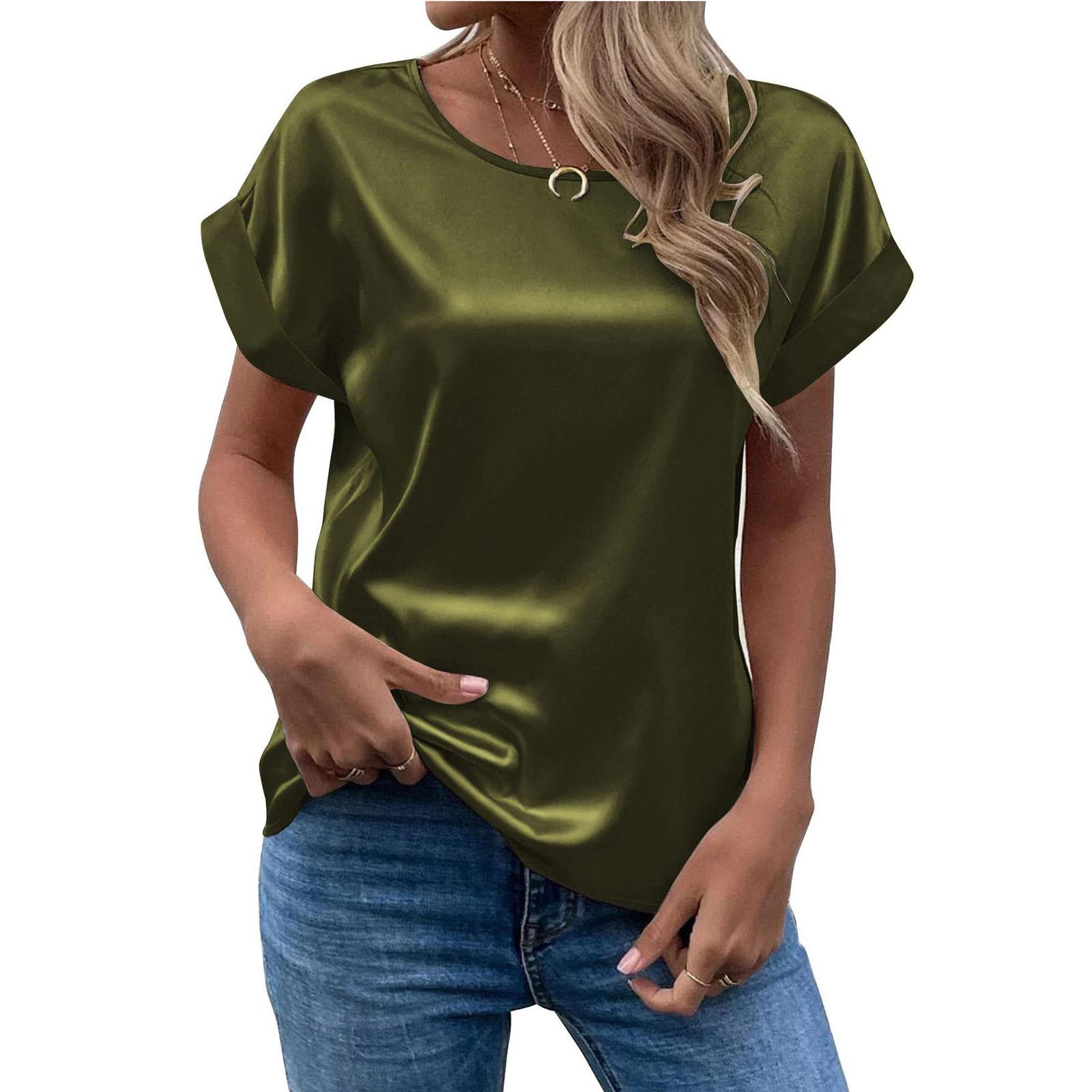 

Women s T-Shirt Summer Elegant Round Neck Rolled Short Sleeve Satin Silk Blouse Tops L