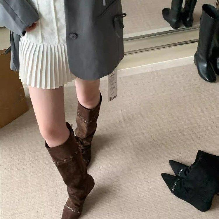 "Wasteland Spice Girls" Innenerhöhung Western-Cowboystiefel Damen Herbst und Winter Plüschstiefel Schnürstiefel Skinny Kniestiefel