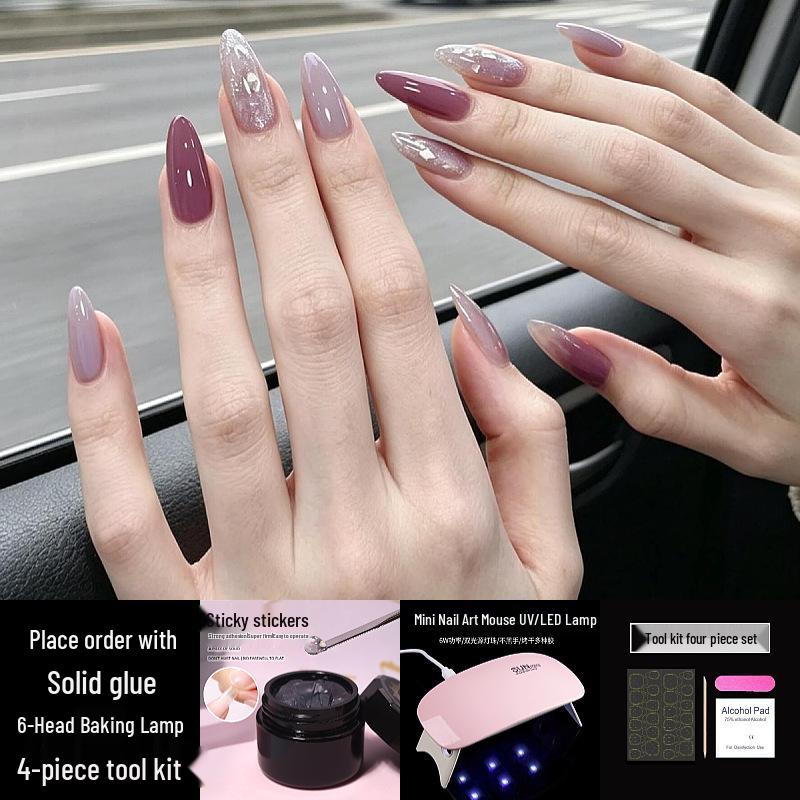 Elegant Taro Purple Glitter Gel Fake Nail Tips - Self-Adhesive Full Set
