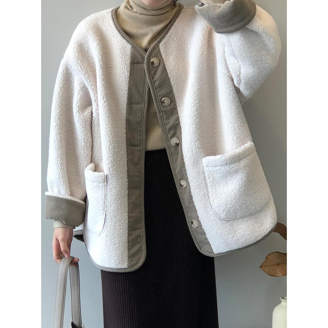 Women s Lambswool Patchwork Jacket - Thick, Warm, Fashionable, Loose Fit for Autumn/Winter M белый