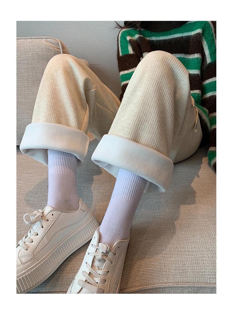 Women's High-Waist Fleece-Lined Wide-Leg Pants - Soft, Knitted, Loose-Fit for Autumn/Winter.