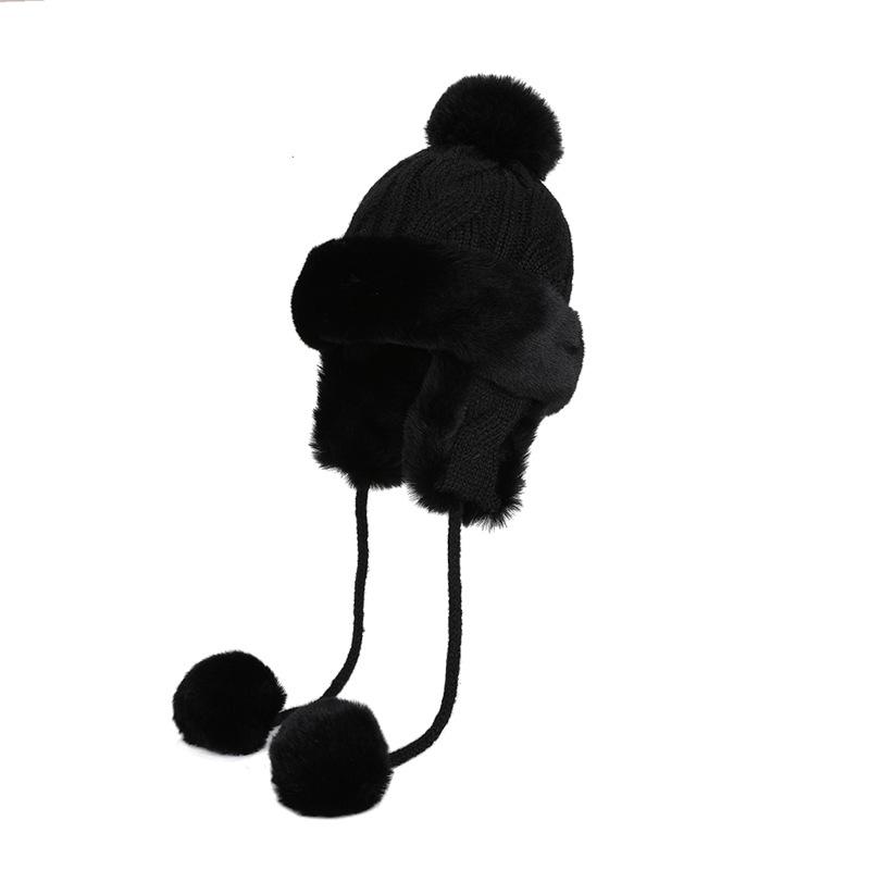 

Winter Velvet Warm Cap Women s Wool Ball Knitted Cap Cold Protection Ear Protection Bomber Hat чёрный