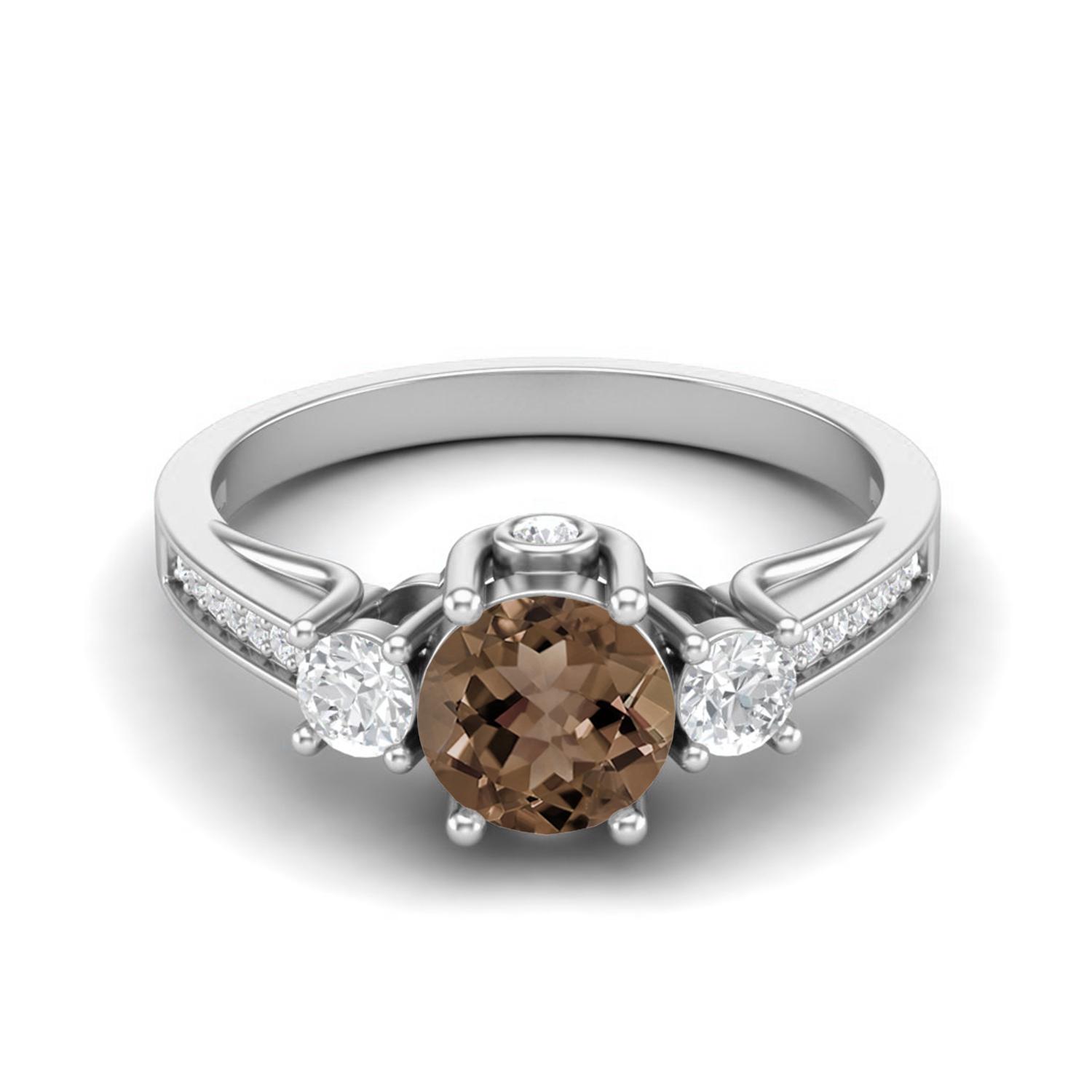 

1.39 Ctw Round Smoky Quartz 925 Sterling Silver Three Stone Accents Women Engagement Ring 11 білий