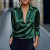 Women Shirt Lapel V-Neck Long Sleeve Smooth Satin Shirt Tops Pure Color Loose Fit Smooth Satin Office Lady Shirt Daily Wear