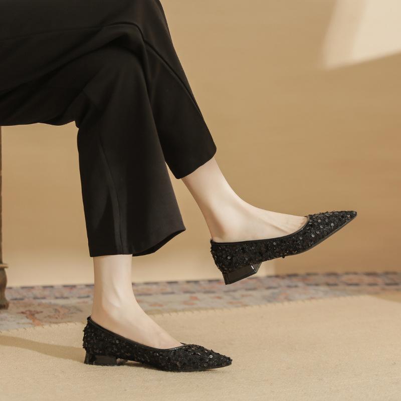 29808 [sheepskin] Flat Shoes Women's Spring 2025 New Pointed Sequins Temperament Low Heel Shallow Mouth Single Shoes