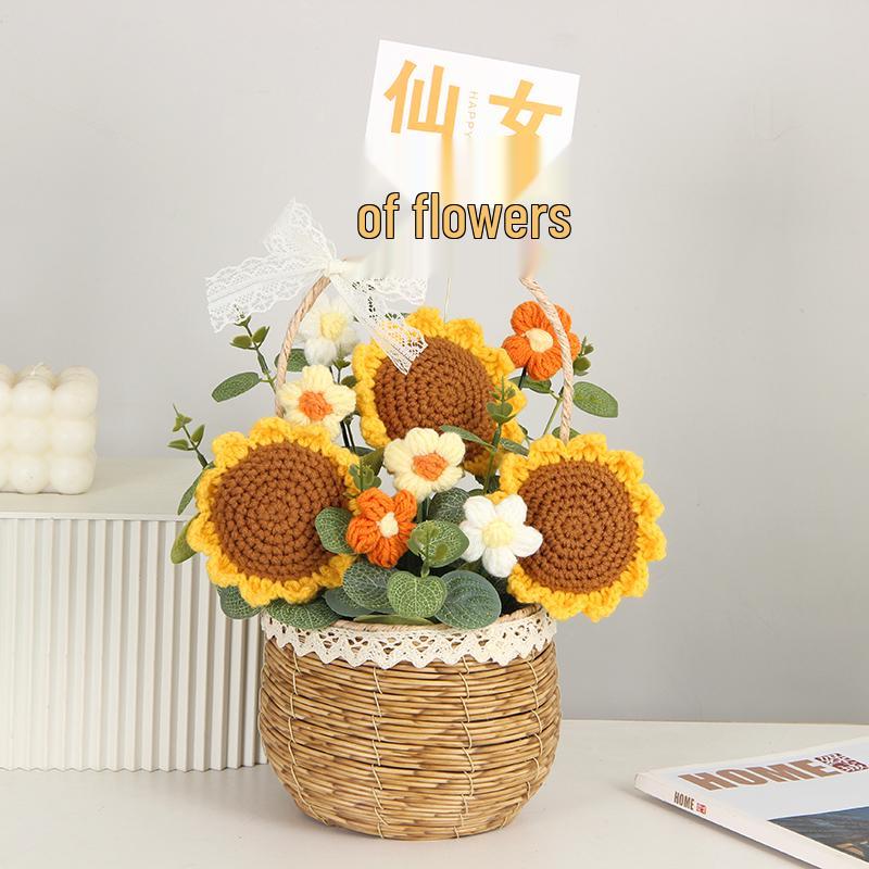 Sonnenblumen Gestrickter Wollstrauß in Handkorb - Geburtstag, Feiertag, Lehrertag, Abschlussgeschenk