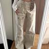 Women's High Waisted Cargo Jeans Beige Wide Leg Denim Pants with Pockets