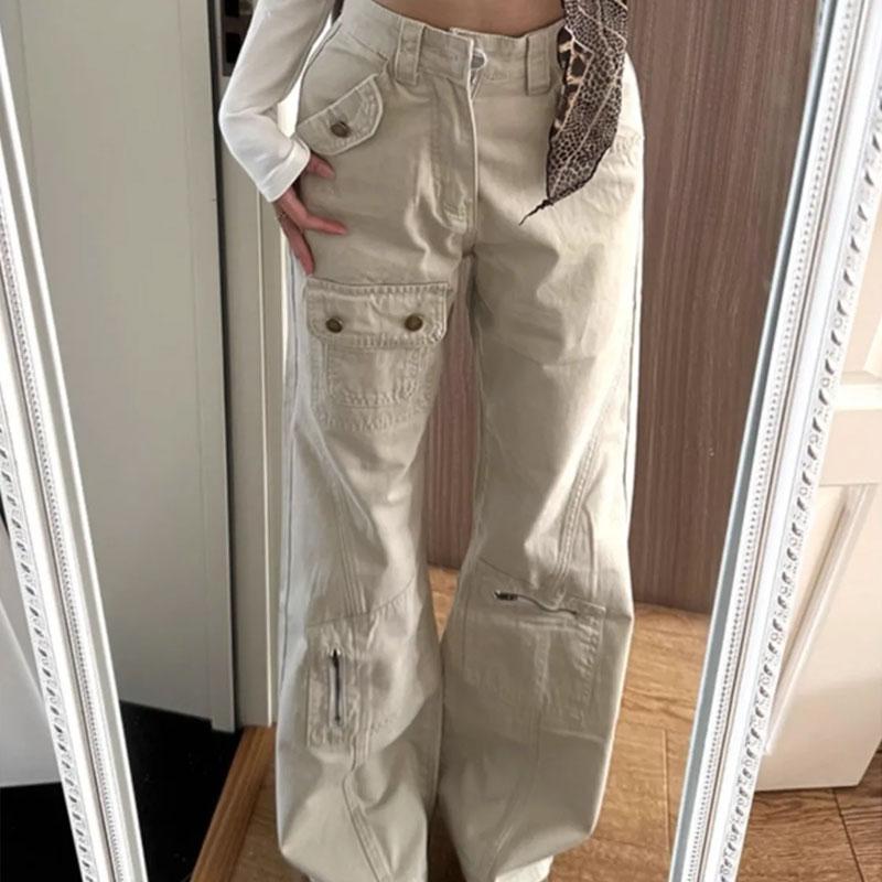 Women's High Waisted Cargo Jeans Beige Wide Leg Denim Pants with Pockets